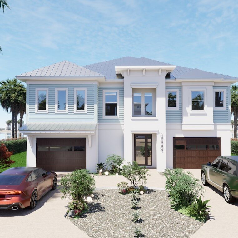 Modern two-story house exterior featuring a landscaped front yard, two parked cars, and palm trees in the background, with a clear blue sky and water view.