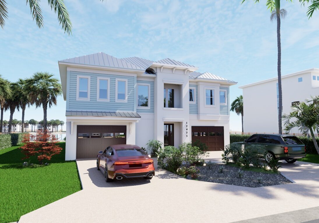 Modern two-story house with a light blue exterior, featuring a metal roof, large windows, and a landscaped front yard. The driveway accommodates two cars, one red and one green, with palm trees and shrubs enhancing the tropical ambiance.