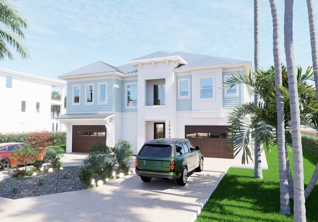 Modern two-story house with a light blue exterior, featuring a driveway with a green SUV parked in front. The home has large windows, a stylish entrance, and tropical landscaping with palm trees and shrubs.