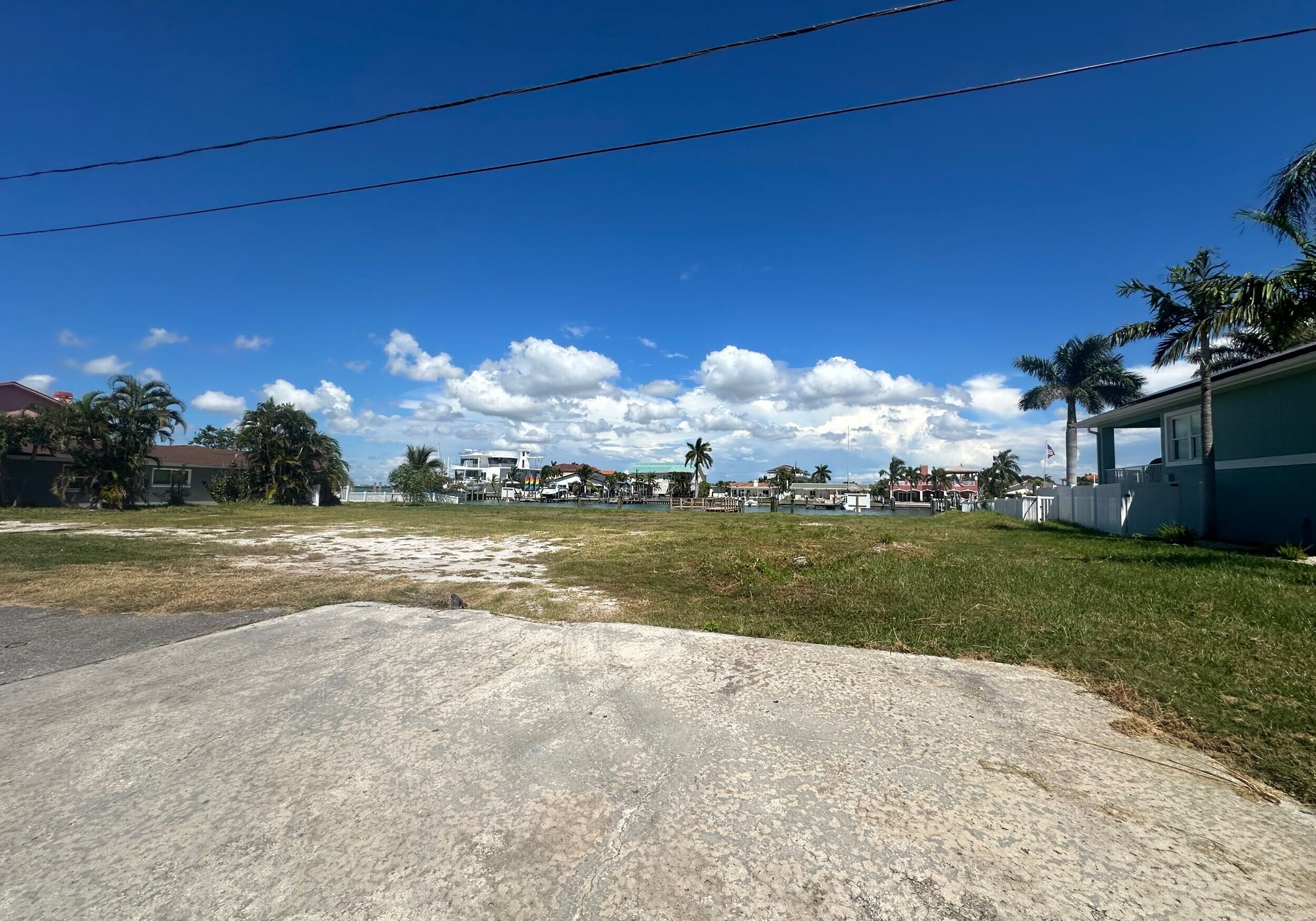 Vacant lot with grass and palm trees under a clear blue sky, featuring a view of waterfront homes in the background.
